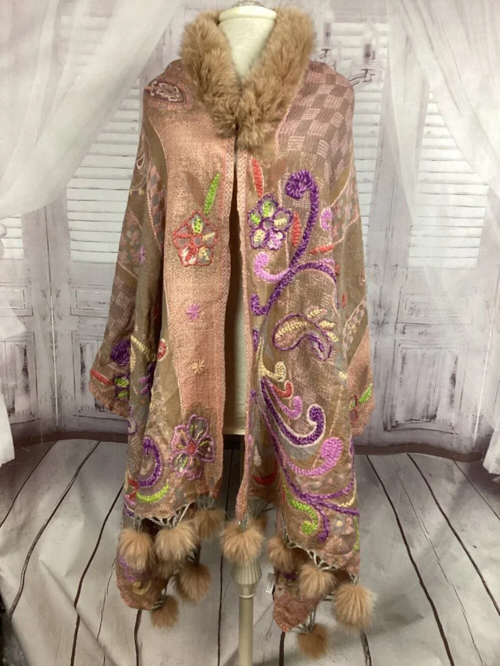Embroidered Paisley Shawl Wrap with Fox Fur Trim and Tassels